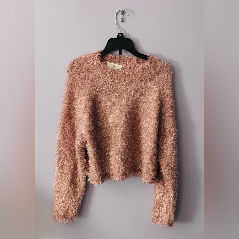 Zara Blush Fuzzy Crew Neck Sweater